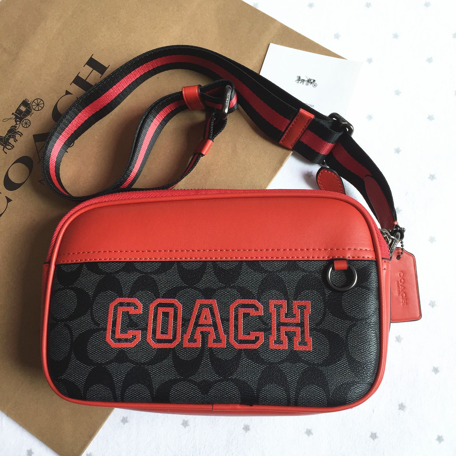 セール中】COACH コーチバッグ CE638 チャコール×レッド ショルダー