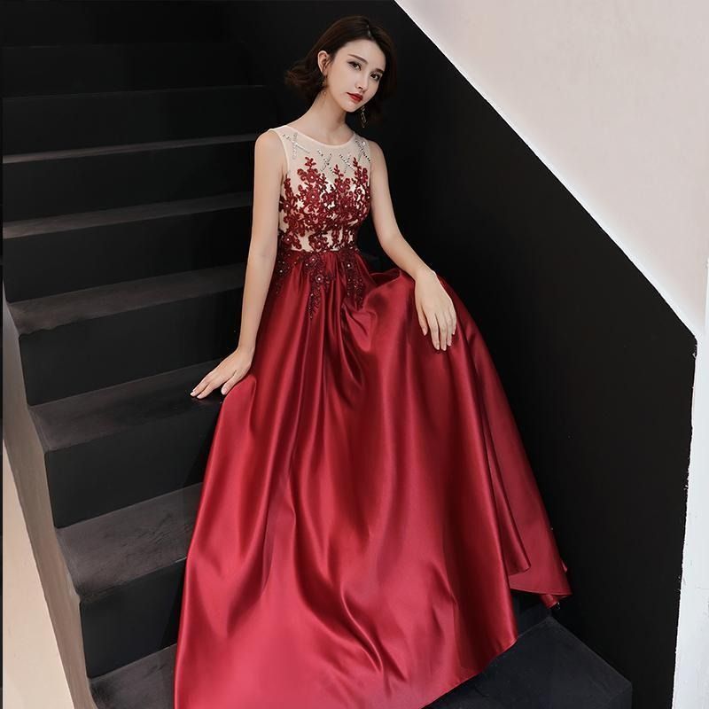 カクテルドレス ロングドレス パーティードレス 発表会 演奏会 ステージドレス イブニングドレス 大人 赤 ワインレッド ノースリーブ ファスナー