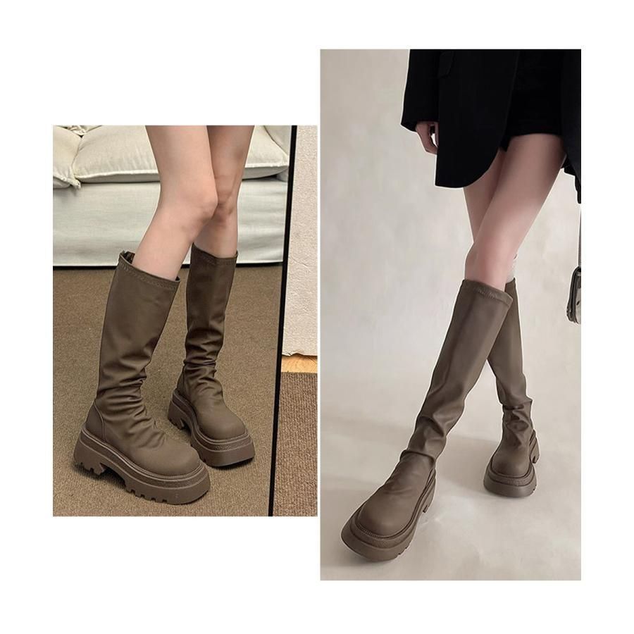 ロングブーツ 厚底ブーツバックジップ美脚