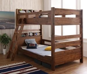 モダンデザイン 棚 コンセント付きアカシア材二段ベッド Redondo レドンド 薄型軽量ボンネルコイルマットレス付き シングル 代引不可