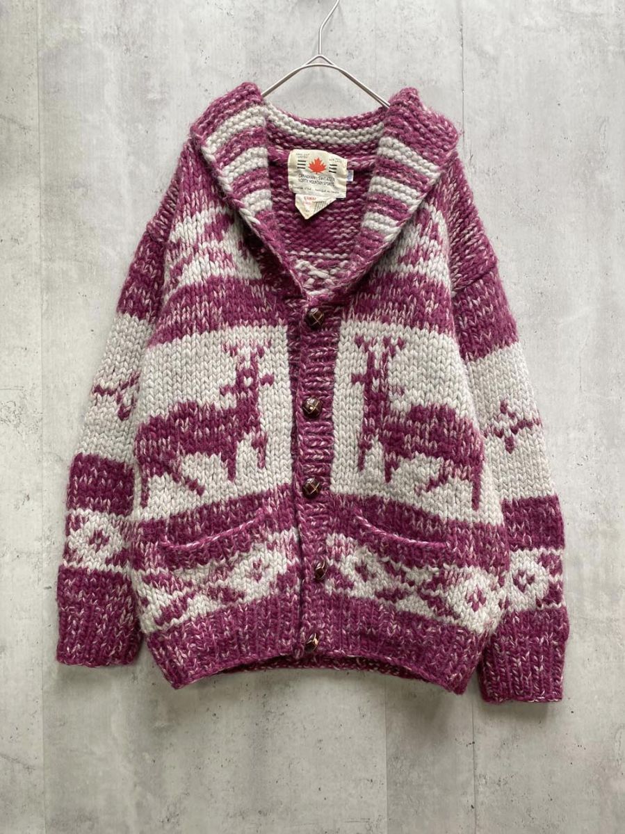CANADIAN カナディアン ウッドボタン カウチン ニット セーター sizeM 紫×グレー ◆ ◎メンズ