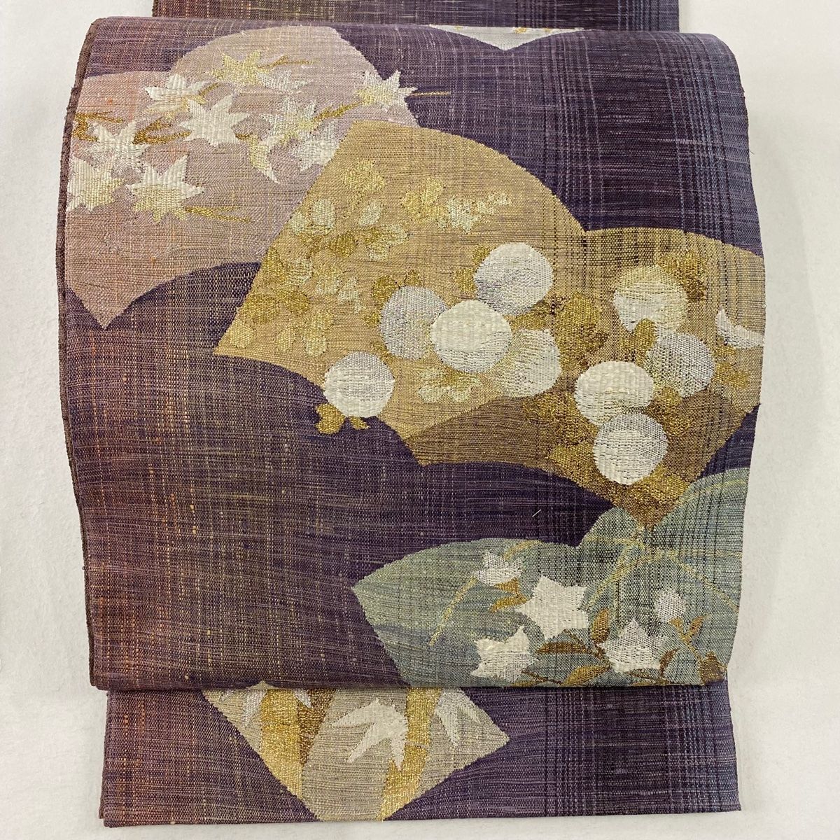 袋帯 秀品 冊子 秋草 箔 紫 お太鼓柄 正絹