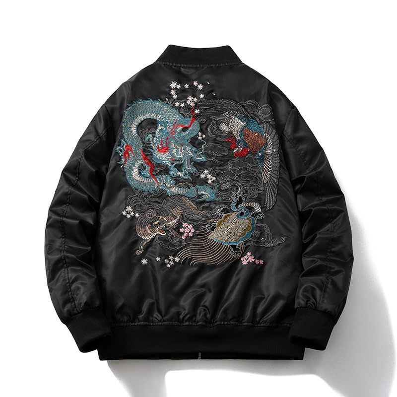 Color 四神獣ブラック厚手_Size XL East Rain スカジャン 四神獣 刺繍 ジャケット ブルゾン サテン生地 和柄 中綿なし|あり 横須賀 光沢 男女兼用 スタジャン アウター 野球服 メンズ FUN208