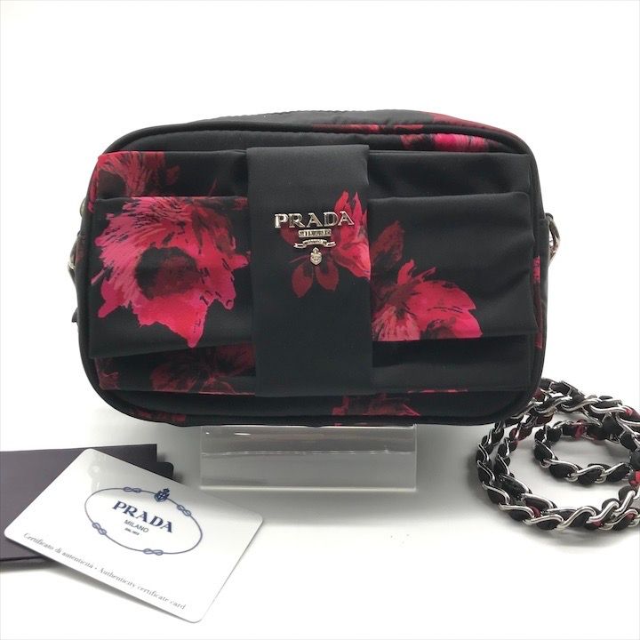 PRADA プラダ ナイロン テスート ロゴ金具 フラワー 花柄 ミニ チェーン ショルダー ポーチ バッグ ブラック a8010