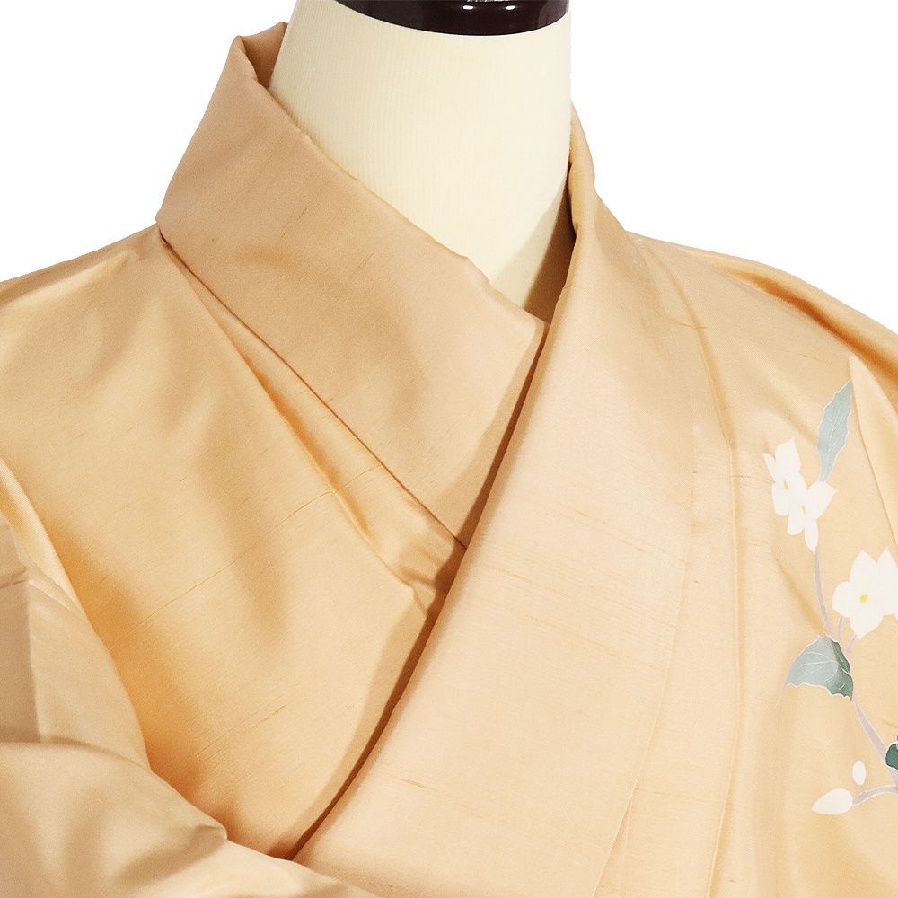 紬 友禅訪問着 袷 正絹 オレンジ 花柄 Sサイズ ki29683 美品 ほうもん 