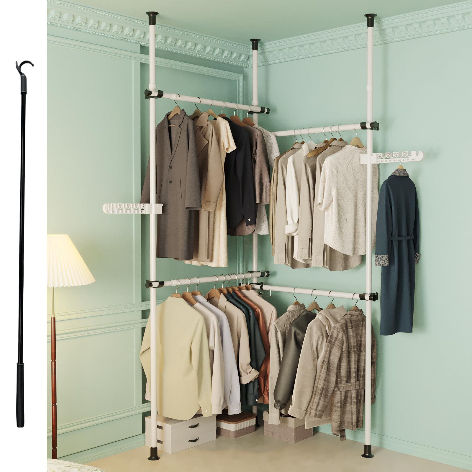 ハンガーラック 突っ張り ツッパリハンガーラック 2非折り畳み翼 1タイバー付き ポールハンガー ラックハンガー ワードローブ スリム 頑丈 部屋干し おしゃれ クローゼット 突っ張り式 縦横伸縮 幅140-220cm|高さ110-310cm 衣類