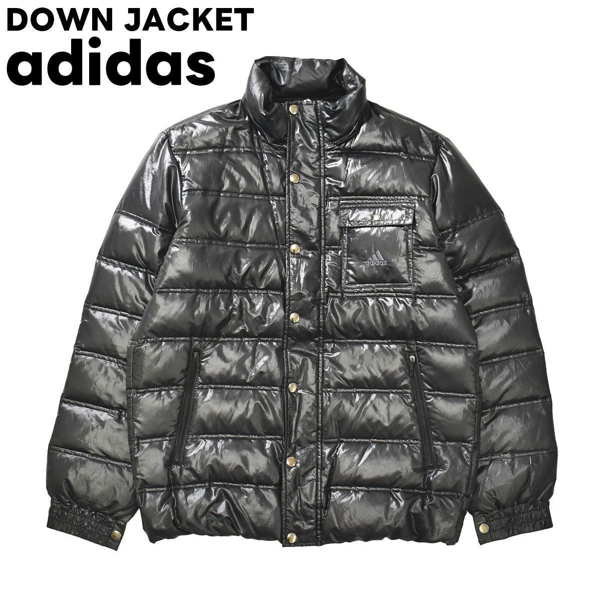 90s　アディダス　ダウンジャケット　肉厚　刺繍ロゴ　万国旗タグ　Y2K　黒　ブラック　メンズＬサイズ　adidas