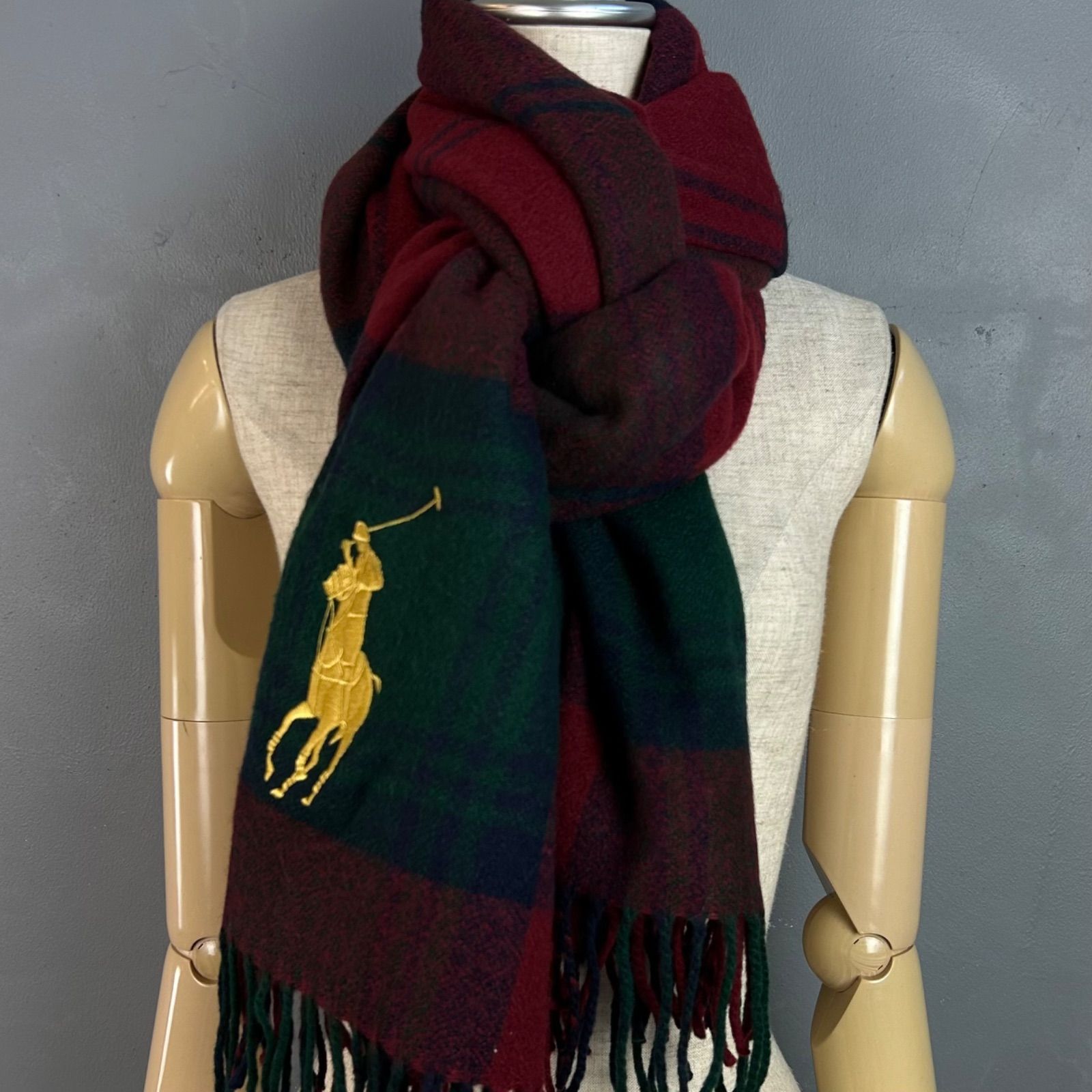 Polo by Ralph Lauren 100% Wool ポロバイラルフローレン マフラー ストール ショール 大判 チェック柄 グリーン×レッド ビッグポニー刺繍 小物 男女兼用 人気・おすすめ｜安定人気・収納便利におすすめ 丁寧対応 配送追跡可 最短翌日到着可能