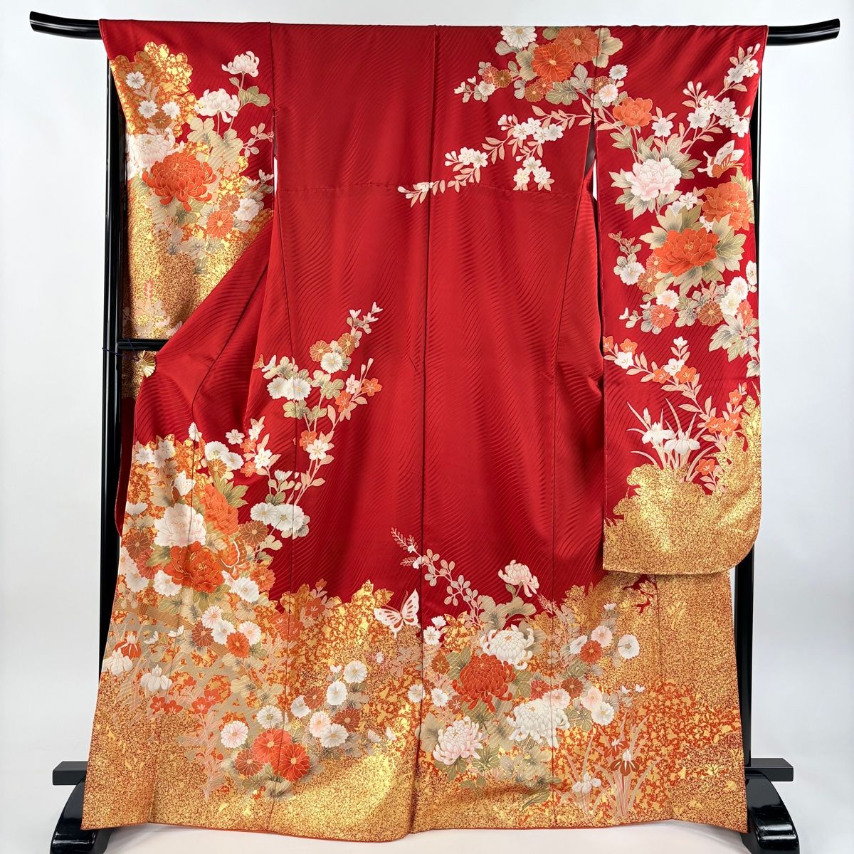 振袖 身丈169.5cm 裄丈67.5cm L 袷 草花 蝶 金糸 金彩 朱色 正絹 秀品