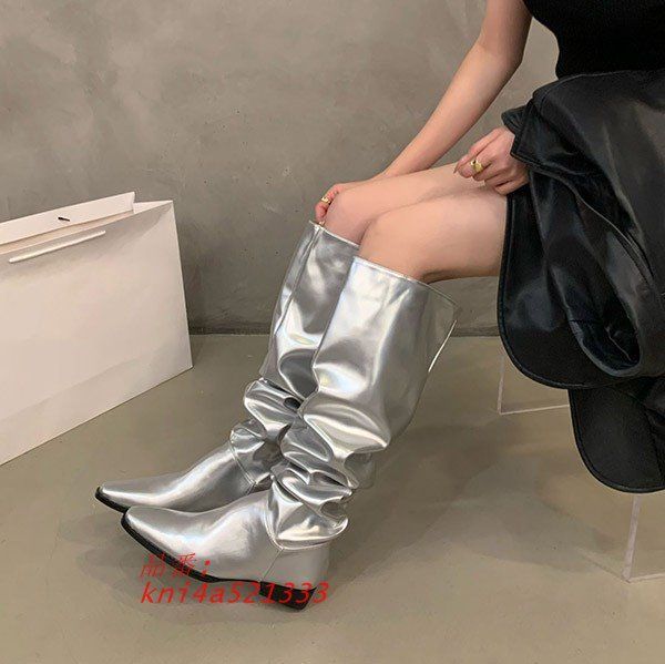  ロングブーツ ルーズ レディース シンプル 疲れない チャンキーヒール防寒 22.5 歩きやすい 秋 靴 24.0 ベージュ 23.0 23.5 春 黒 太ヒール シルバー kni 4 a 521333 長靴 レインブーツ 長靴 レインシューズ