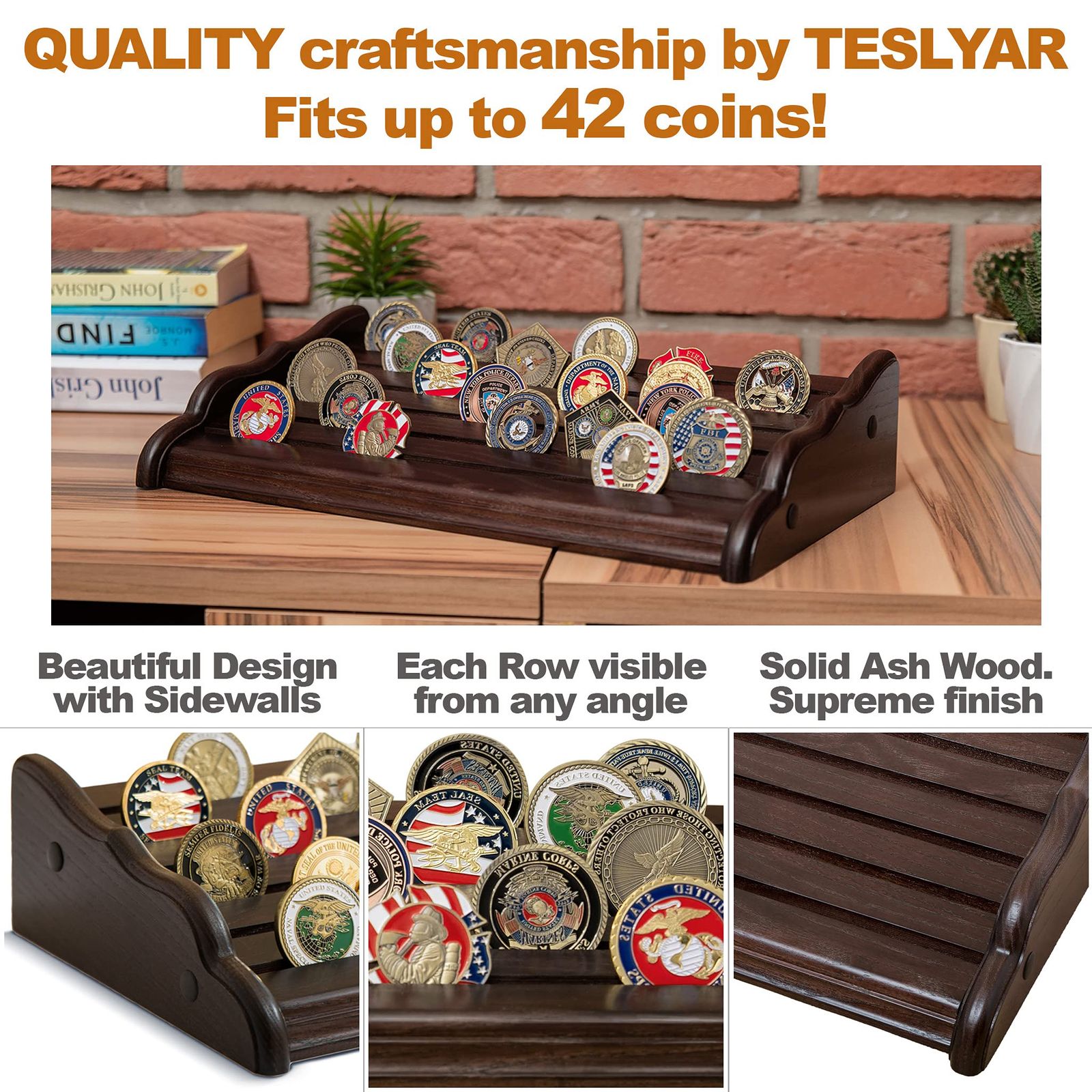 チャレンジコインディスプレイスタンド、ソリッドウッドミリタリーコインホルダーディスプレイ、9列チャレンジコインホルダー、45-60コ TESLYAR  ミリタリーチャレンジコインスタンドホルダー - コインを最大42枚収納 6列 - ディスプレイラック 木製 陸軍 コレクタブル ...