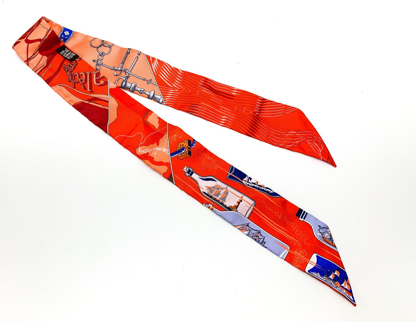 希少 エルメス カレーシュ ハミとボトル ツイリー オレンジ シルク100% HERMES - 希少 エルメス カレーシュ ハミとボトル ツイリー