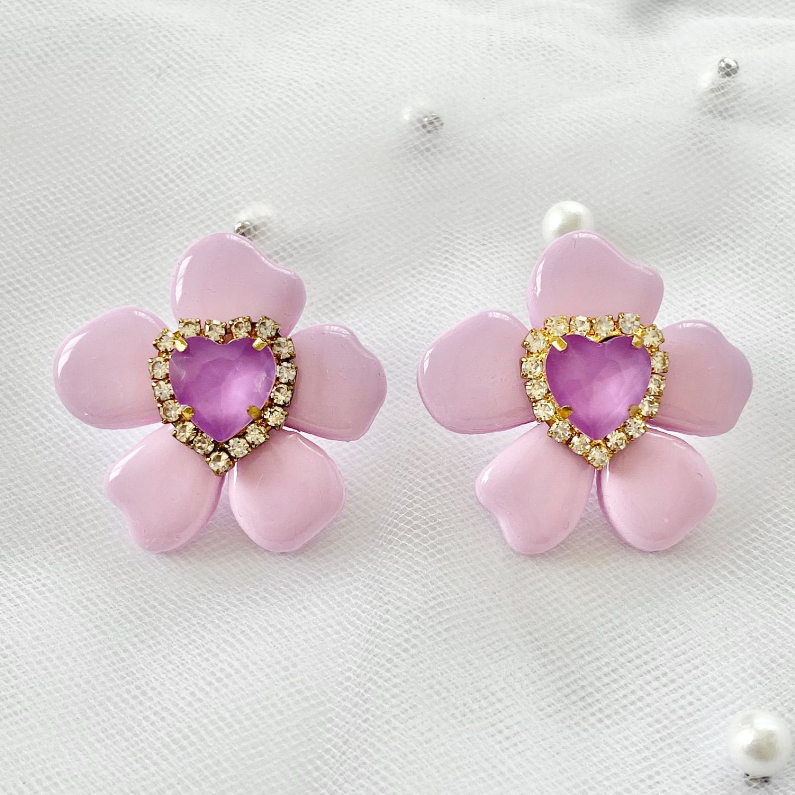 フラワー お花 ビジュー ハート ピアス イヤリング アクセサリー 