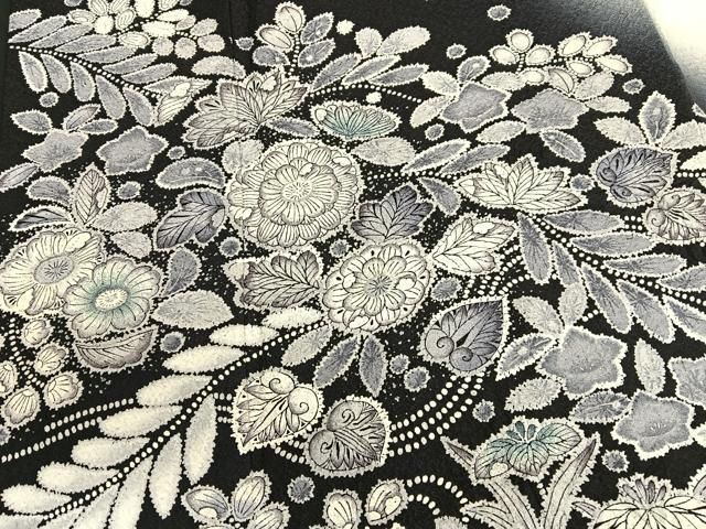平和屋着物○訪問着 辻が花 絞り 暈し染め 黒地 銀彩 正絹 逸品
