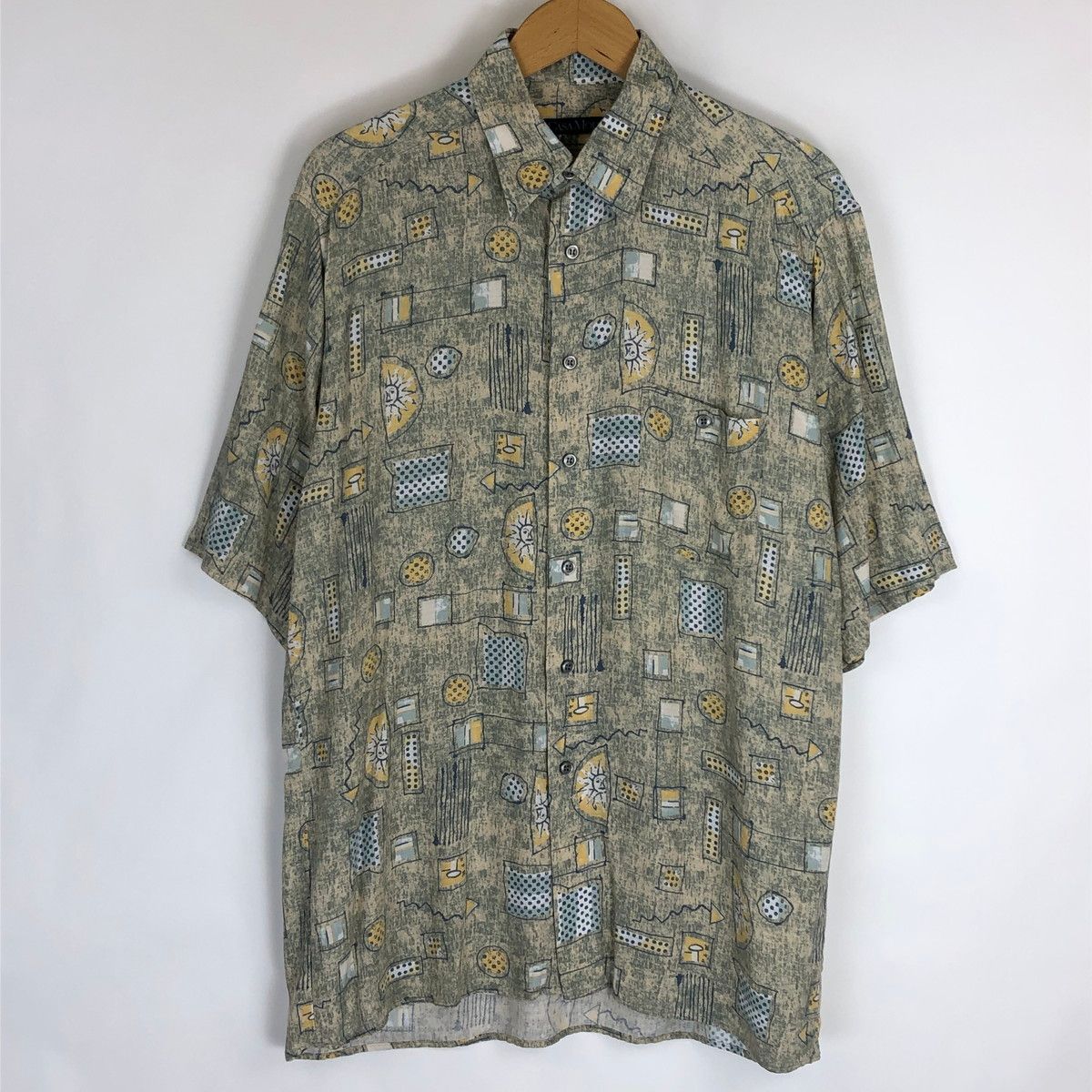 CASA MODA 総シャツ レーヨンシャツ 太陽 杢調 手書き風 ヴィンテージ 半袖 ベージュ系 メンズL n019131