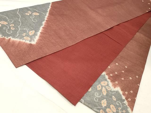 平和屋着物○太鼓柄袋帯 紬地 総刺繍 花唐草文 蘇芳色