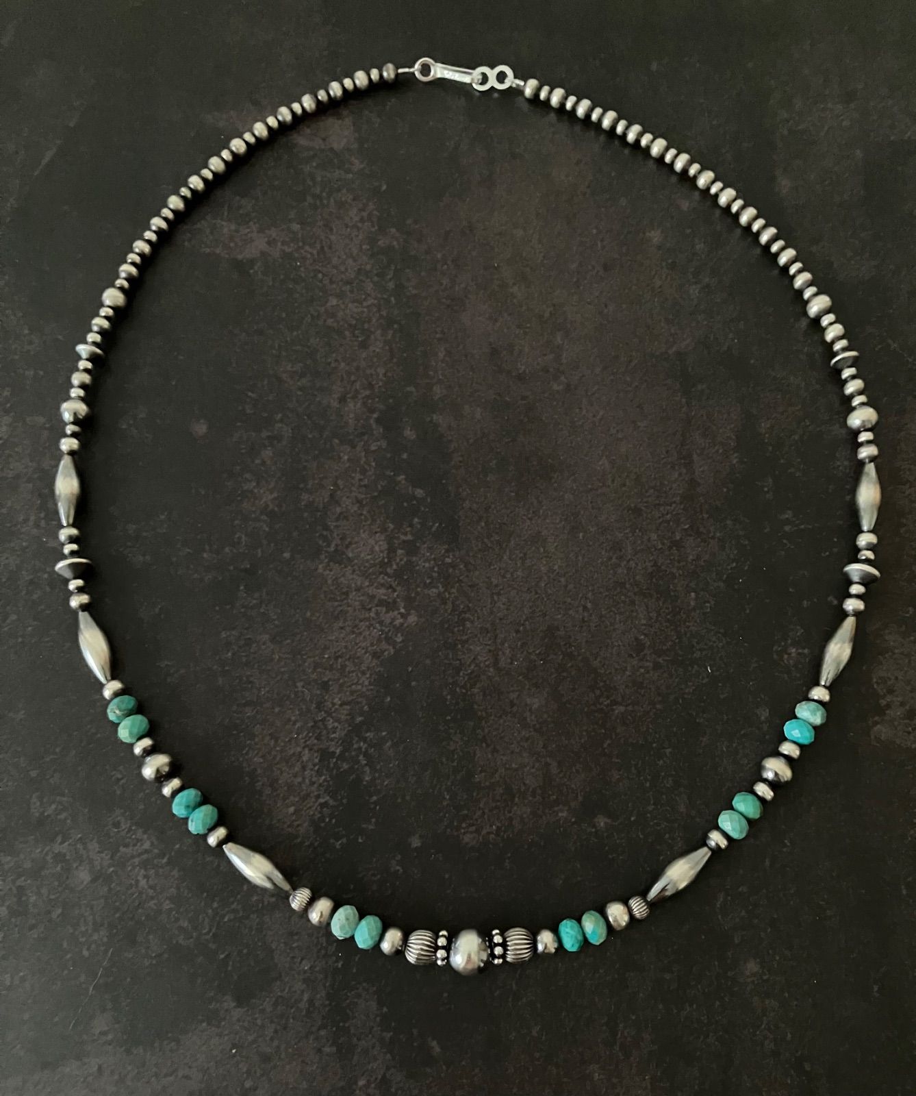 ナバホパール×天然ターコイズのネックレス53cm silver925ナバホパール×6mm天然ターコイズのネックレス54cm