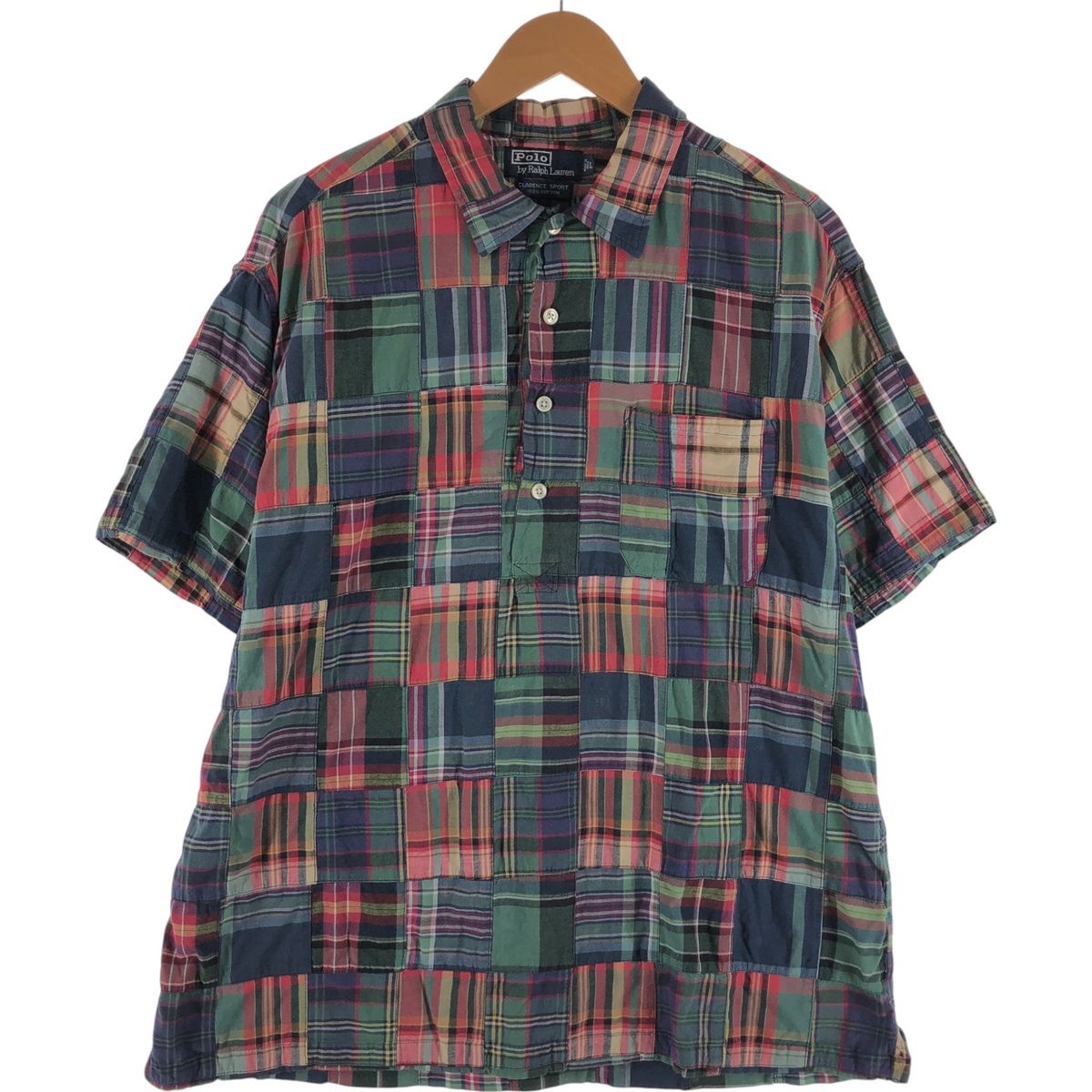 古着 ラルフローレン Ralph Lauren POLO by Ralph Lauren CLARENCE SPORT パッチワーク 半袖 チェックシャツ メンズL相当|eaa539481