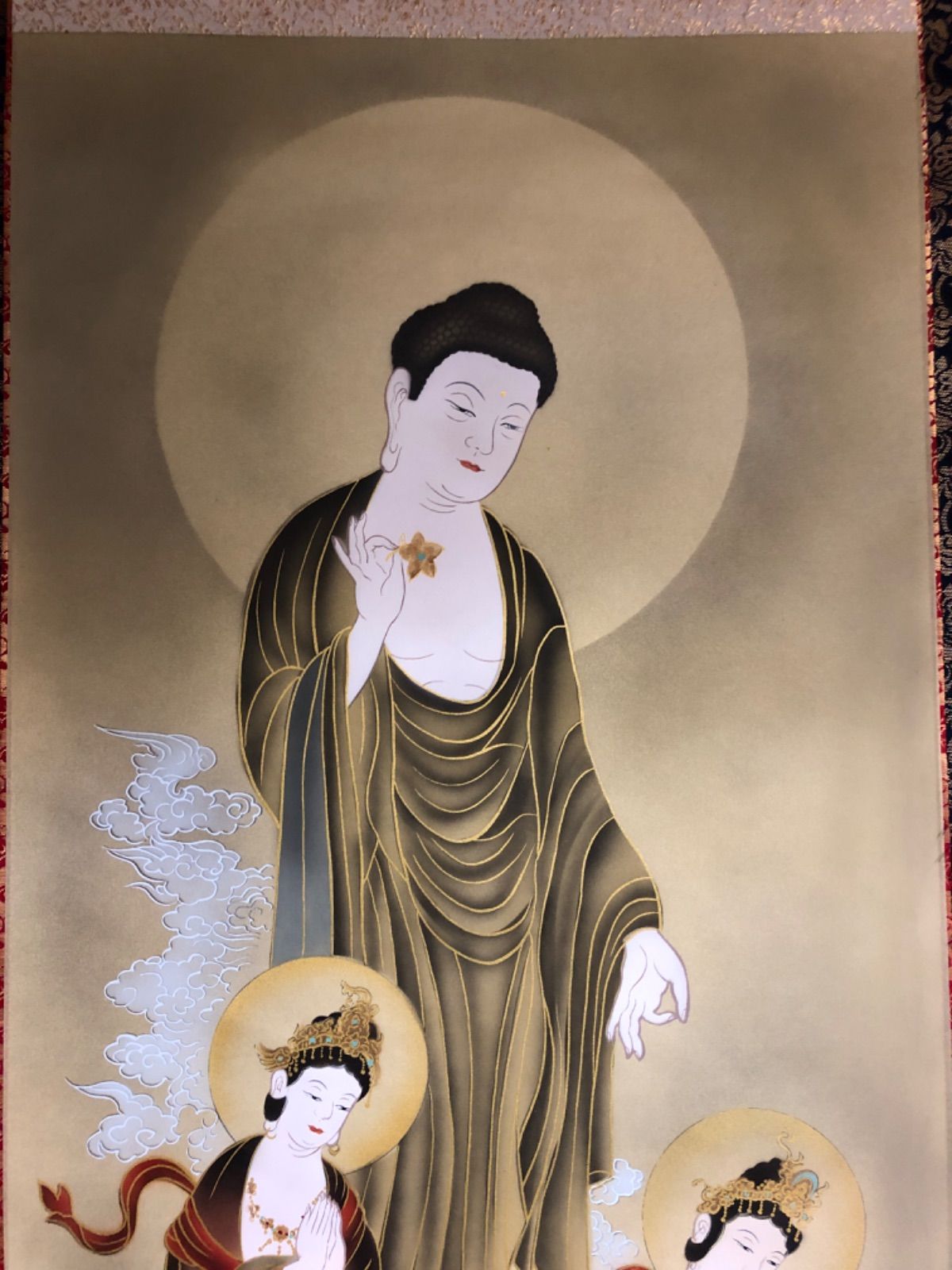 仏画 掛軸 三尊像 在銘 肉筆 紙本 共箱 日本の仏像画 仏教美術 美品