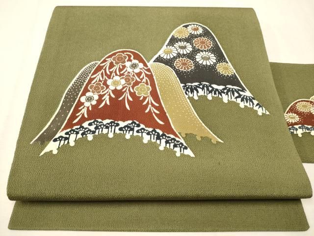 平和屋着物●九寸名古屋帯　型染め　遠山草花文　鬼しぼ縮緬　正絹　逸品　CAAV7013hy 平和屋着物○九寸名古屋帯 型染め 遠山草花文 鬼しぼ縮緬 正絹 逸品