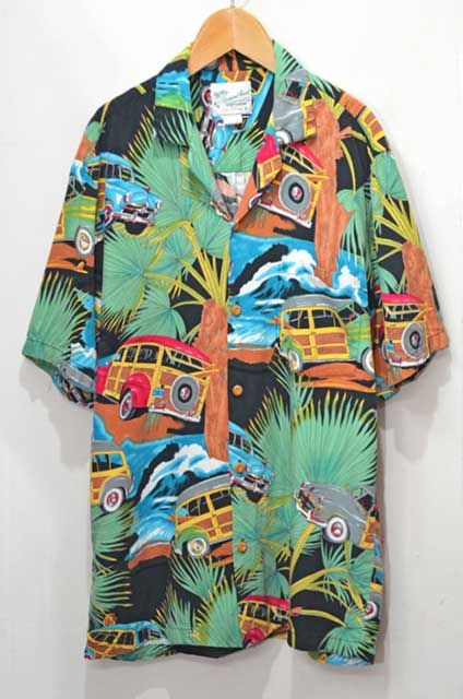 Diamond Head 90's レーヨン ハワイアンシャツ アロハ 車 パームツリー USA ビンテージ 黒ベース 総柄 サイズ SMALL