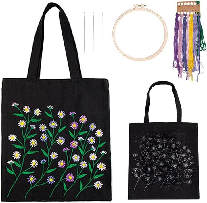 WADORN | DIY 花柄 バッグ キャンバストートバッグ キャンバス キット 刺繍 DIY刺繍キャンバスバッグキット、花柄入りブラック com: 刺繍キット Embroidery Bag Tote バッグ刺繍キット