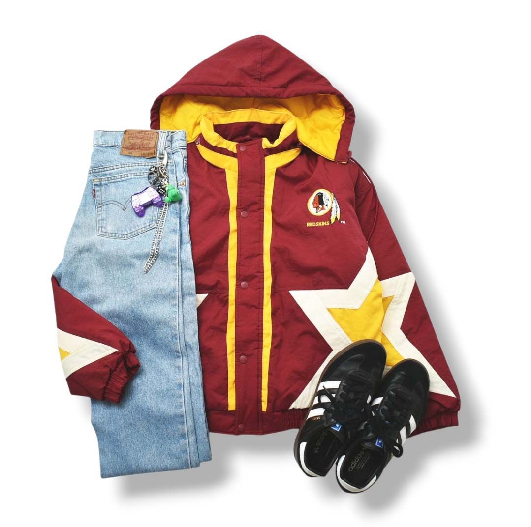 90s ヴィンテージ スターター STARTER NFL レッドスキンズ ワシントンコマンダース フーデット ナイロン ジャケット 裏地 中綿 キルティング ジャンパー L ボルドー x イエロー ストリート メンズ