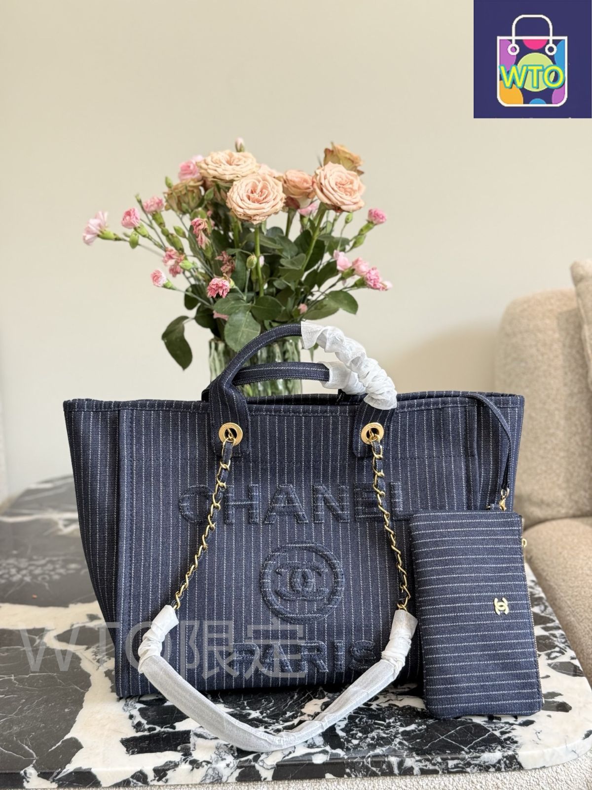 今日特価】Chanel シャネル デニムビーチバッグ 真珠エレメント
