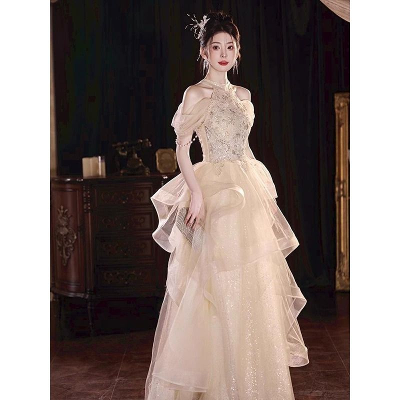 カラードレス ウエディングドレス パーティードレス 演奏会 発表会 花嫁 イブニングドレス ブライダル 二次会 ロングドレス エレガント シャンパンカラー パーティードレス