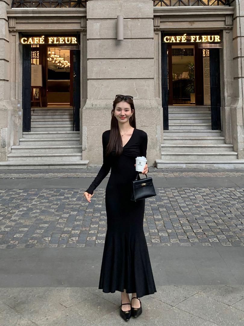 春コーデ ロングVネックワンピース ヒップハグフィッシュテールスカート