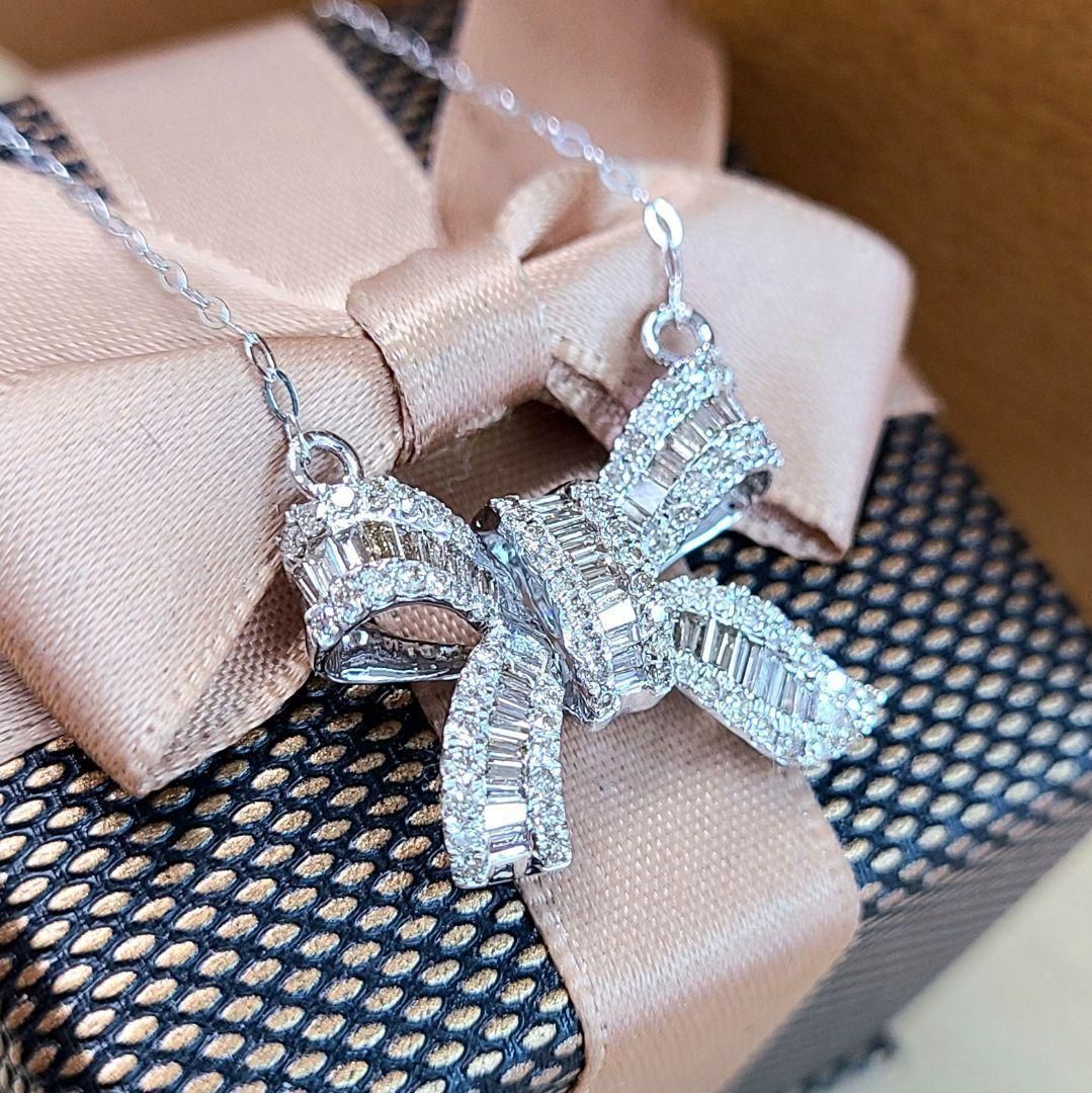 ☆1ct ダイヤモンド K18 wg リボン ペンダント☆ ネックレス レディース【鑑別書付】大人可愛い！ 1ct 天然