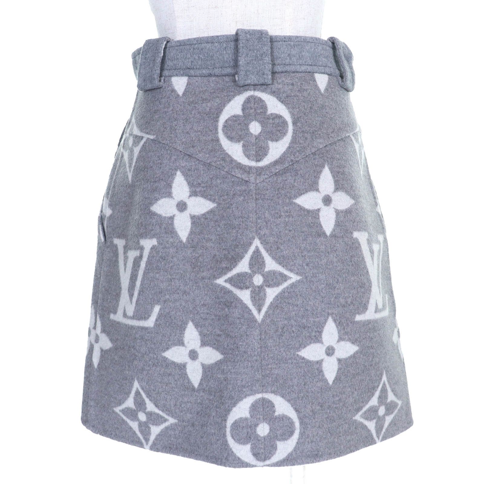 驚きの価格、海外直輸入！ △LOUIS VUITTON ルイヴィトン 21AW ウール シルク ジャイアントモノグラム ロゴ金ボタン ミニスカート グレー 36 イタリア製