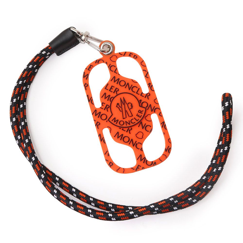 モンクレール スマホ フォンホルダー iPhone アイフォン ネックストラップ ケース LANYARD シリコン レザー オレンジ ブラック 黒 シルバー金具 H209A6B00006 MONCLER