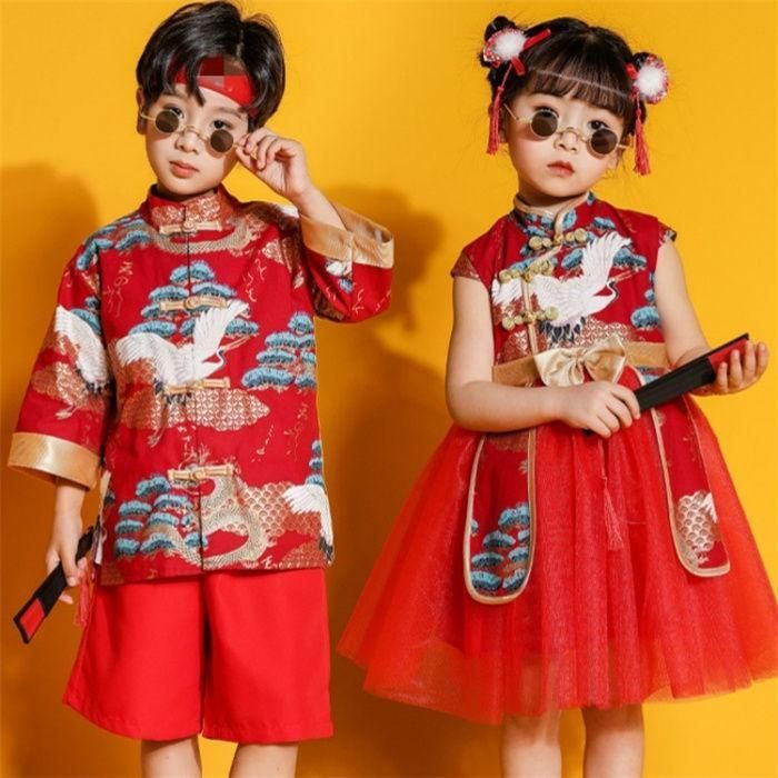 文化祭 職人製作 セットアップ キッズ ダンス衣装 ワンピース 男の子 女の子 中華服 漢服 唐装 チャイナ トップス ショートパンツ ヒップホップ ジャズダン BJ0903ML492
