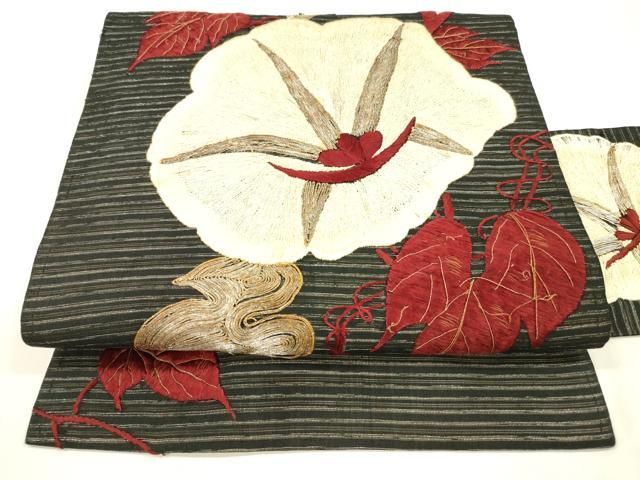 平和屋着物＊夏物 アンティーク 大正ロマン 九寸名古屋帯 駒刺繍 総刺繍 蔦の葉花文 朝顔 黒地 銀糸 正絹 DAAY8142cm