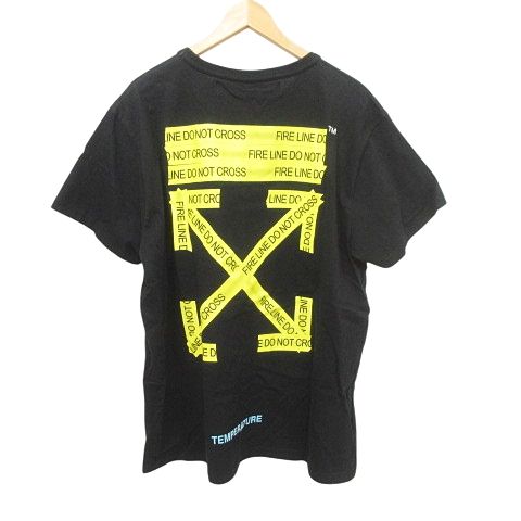 オフホワイト OFF WHITE 美品 バックプリント Tシャツ 半袖 ファイヤーテープ カットソー トップス Mサイズ 黒 ブラック AA