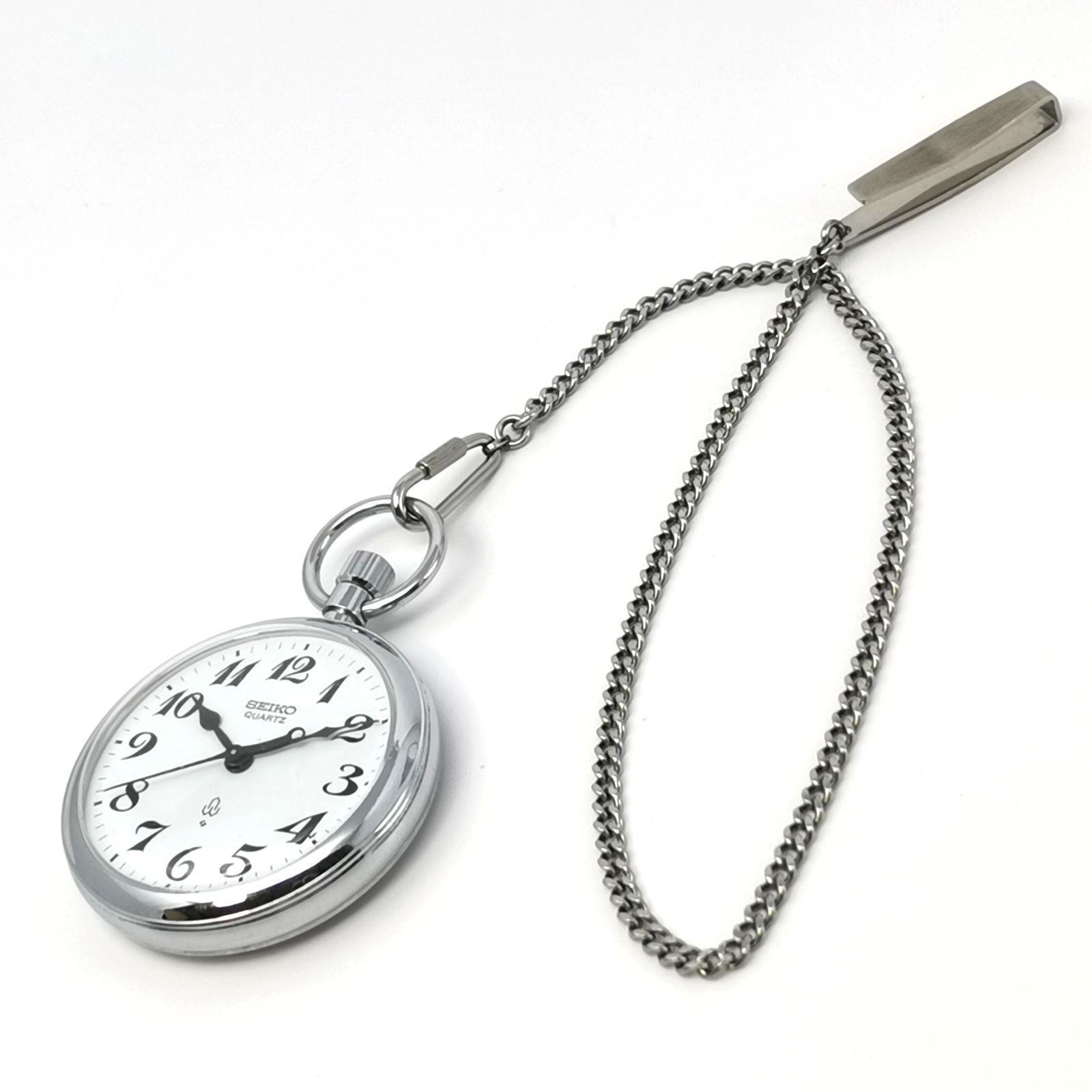 SEIKO セイコー クオーツ 懐中時計 7550-0010 アンティーク 文字盤ホワイト 不動品 チェーン付き 管理番号KKVHAKO57