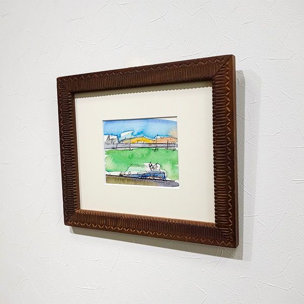 井出孝（静岡） 水彩スケッチ画 「港の風景」 額入り 風景画 額装画