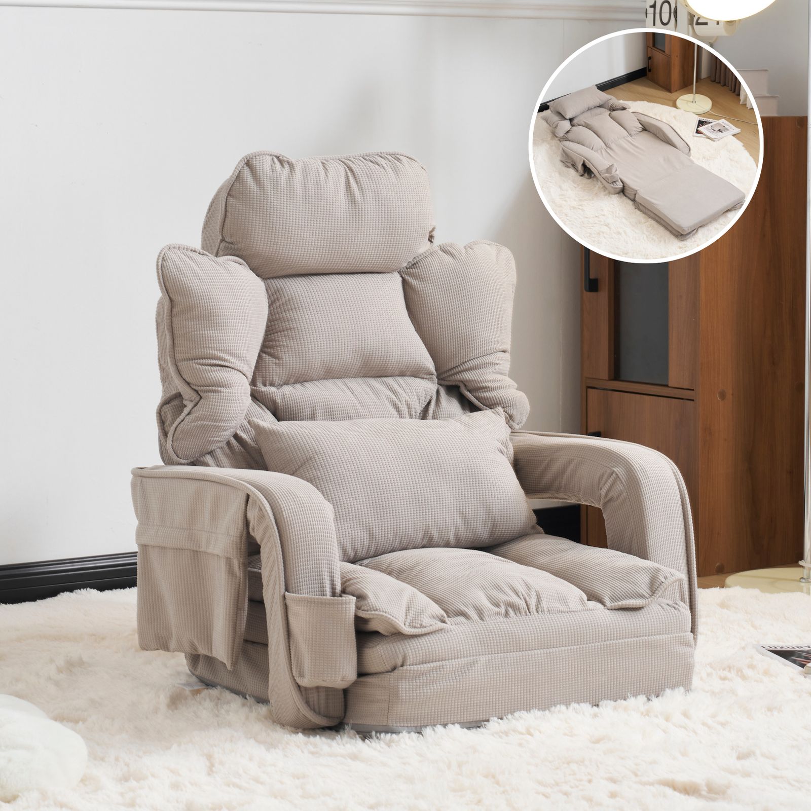 11%割 座椅子 ソファー ソファーベッド 可愛らしいデザイン 90°~180°角度調節 42段調整 2WAY 1人掛け 折りたたみ フロアソファー 寝る 座る 幅最大165㎝枕付き 収納ポケット付き ドリンクホルダーポケット付き