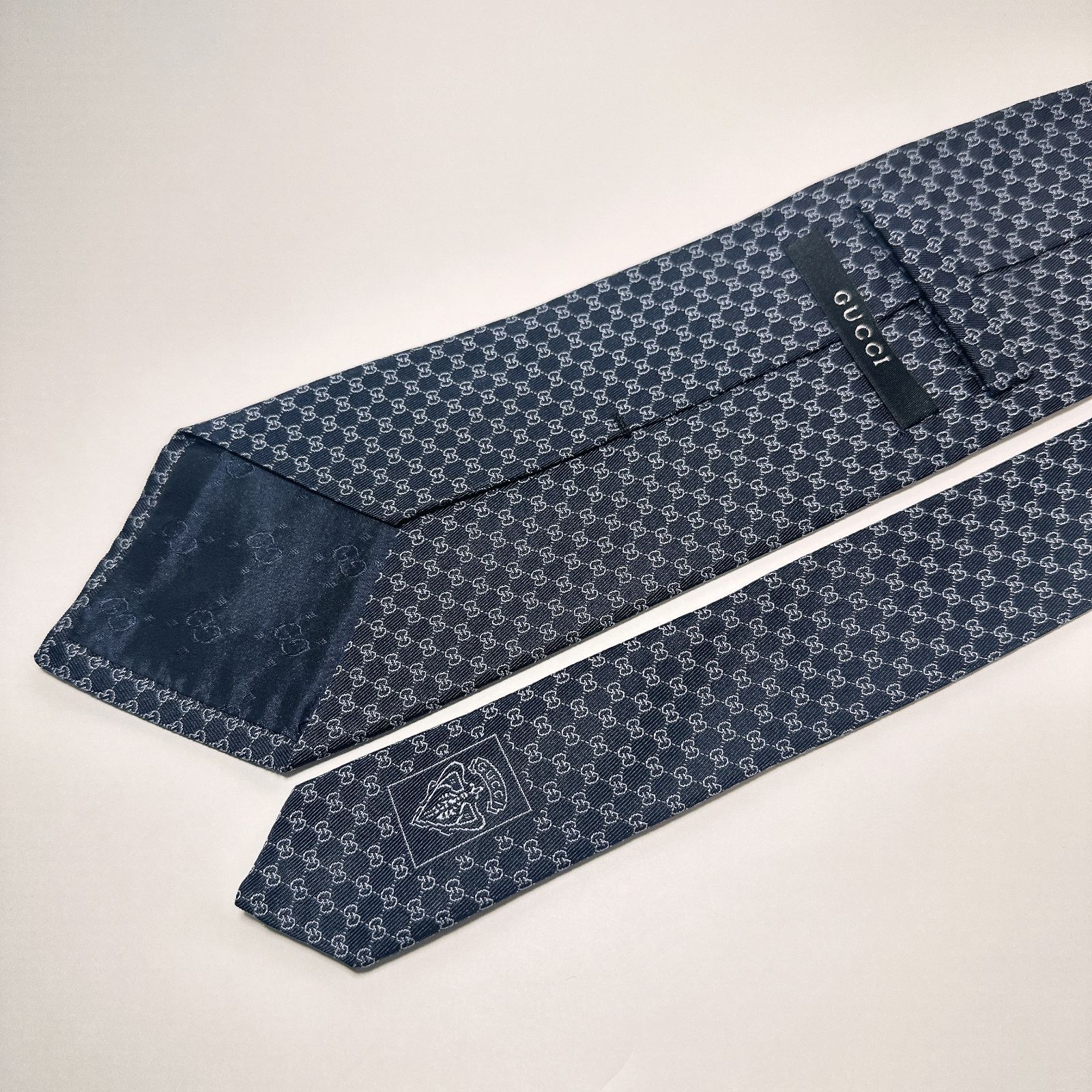 GUCCI ネイビー インターロッキング マーモント GG ネクタイ 美品】GUCCI ネイビー インターロッキング マーモント GG