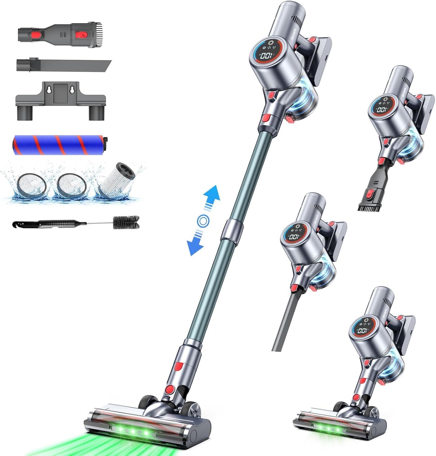 掃除機 コードレス 8月新登場 革新版グリーンLEDライト付＆50Kpa強力吸引＆業界初65分連続稼働＆自立式 Bivark コードレス掃除機 サイクロン式 550Ｗ 3段吸引力 LED液晶ディスプレイ スティック|ハンディ 2WAY 軽量低騒音伸縮パイプ