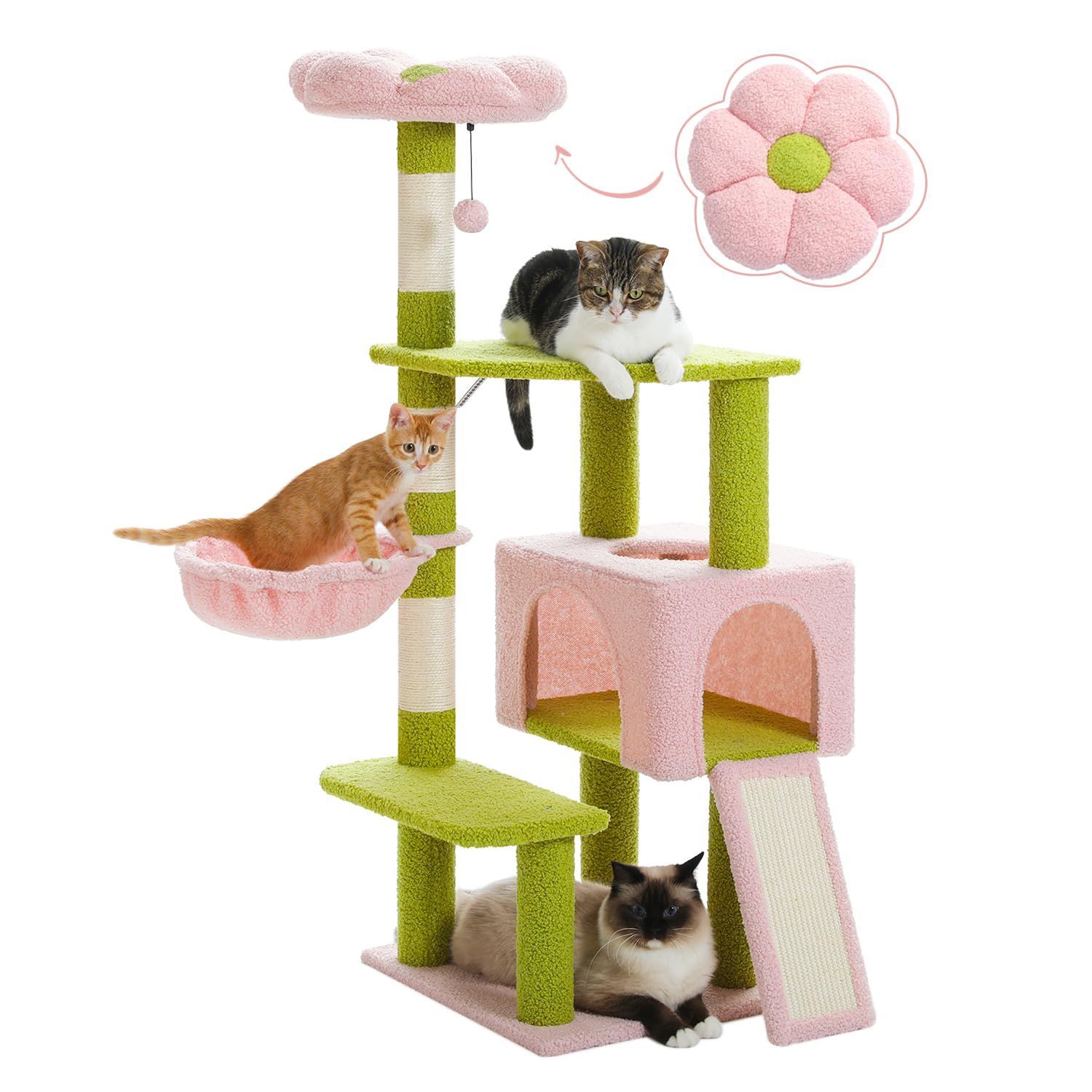 グリーン PAWZ Road キャットタワー おしゃれ 小型 低め ミニ 広いハンモック 据え置き かわいい カラフル インテリア 花 省スペース コンパクト ハンモック 安定 頑丈 麻紐爪とぎ 単独 多頭飼い 花形展望台 猫のおもちゃ- 高さ120cm