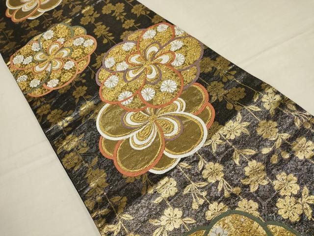 平和屋着物▽六通柄袋帯 花唐草文 黒地 金糸 正絹 逸品