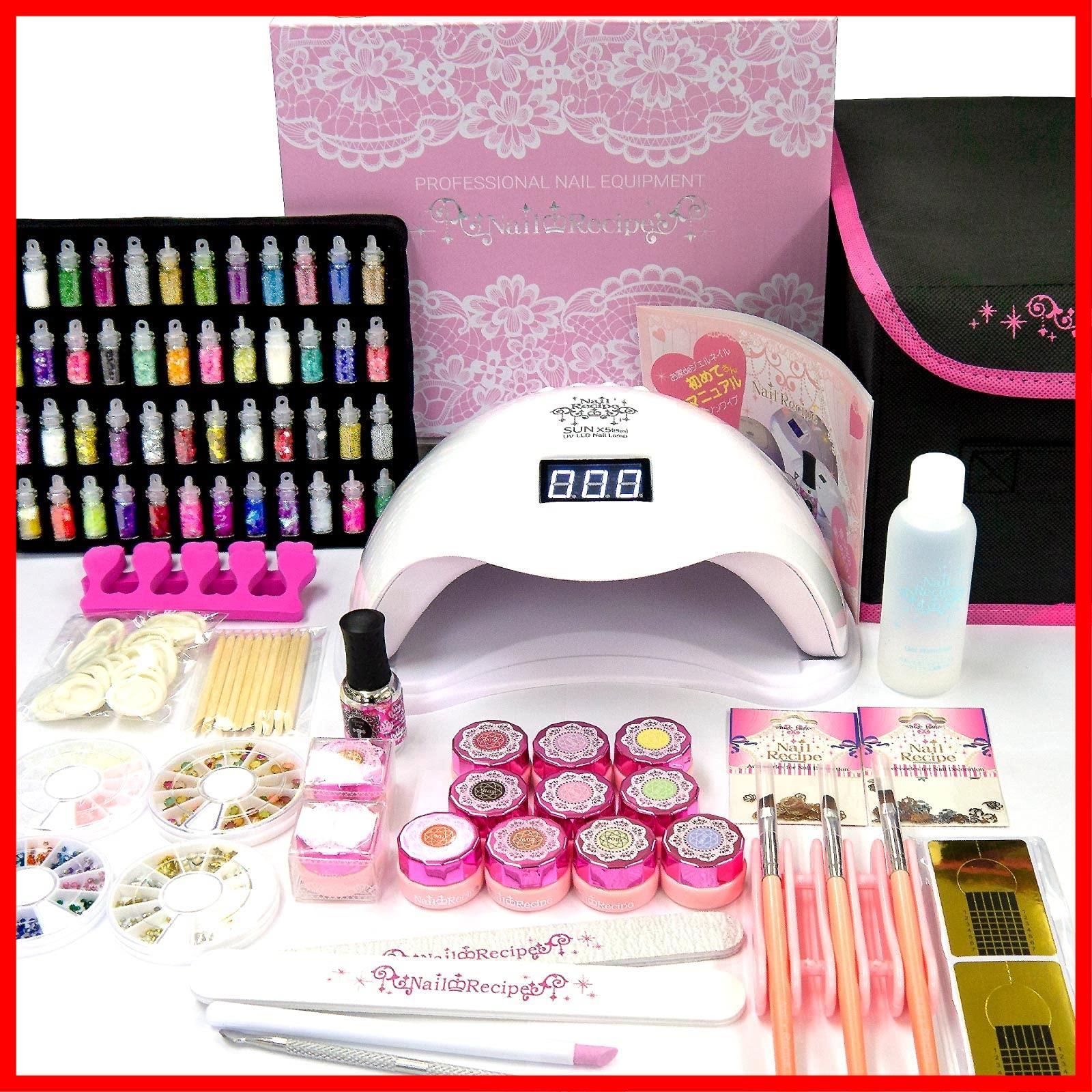 【特価】NailRecipe ジェルネイル スターターキット 道具一式付 カラー10色 LED48Wライト Bセット/ブライト色