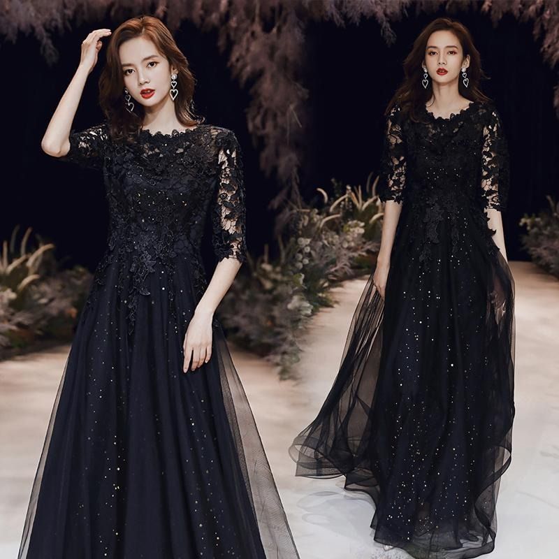 ブラック ワインレッド 5分袖 ロングドレス 演奏会 発表会 大人 パーティードレス ファスナー レース カクテルドレス フォーマル