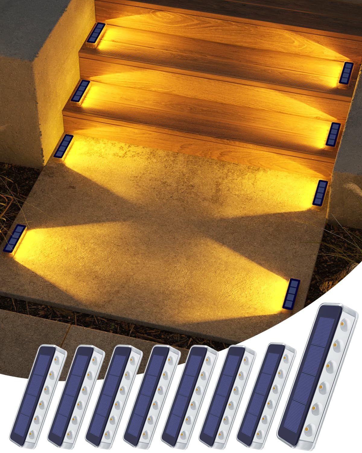 階段ライト 庭 LED 暖色 玄関 ガーデンライト 歩道 自動点灯 消灯 太陽光充電 通路 屋外 ソーラーライト 駐車場 1000mAh大容量電池 IP68防水 用 8個セット DetarZinLED