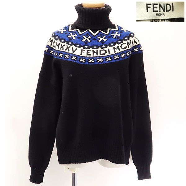 FENDI タートルニット #40 ウール70% カシミヤ30% ブラック×ブルー