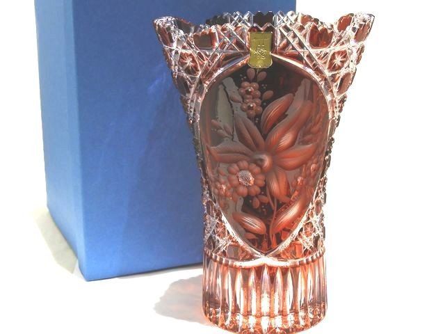 【美品】R.Kunze／クリスタル フラワーベース／ハンドカット・赤被せ 美品】R.Kunze／クリスタル フラワーベース／ハンドカット・赤