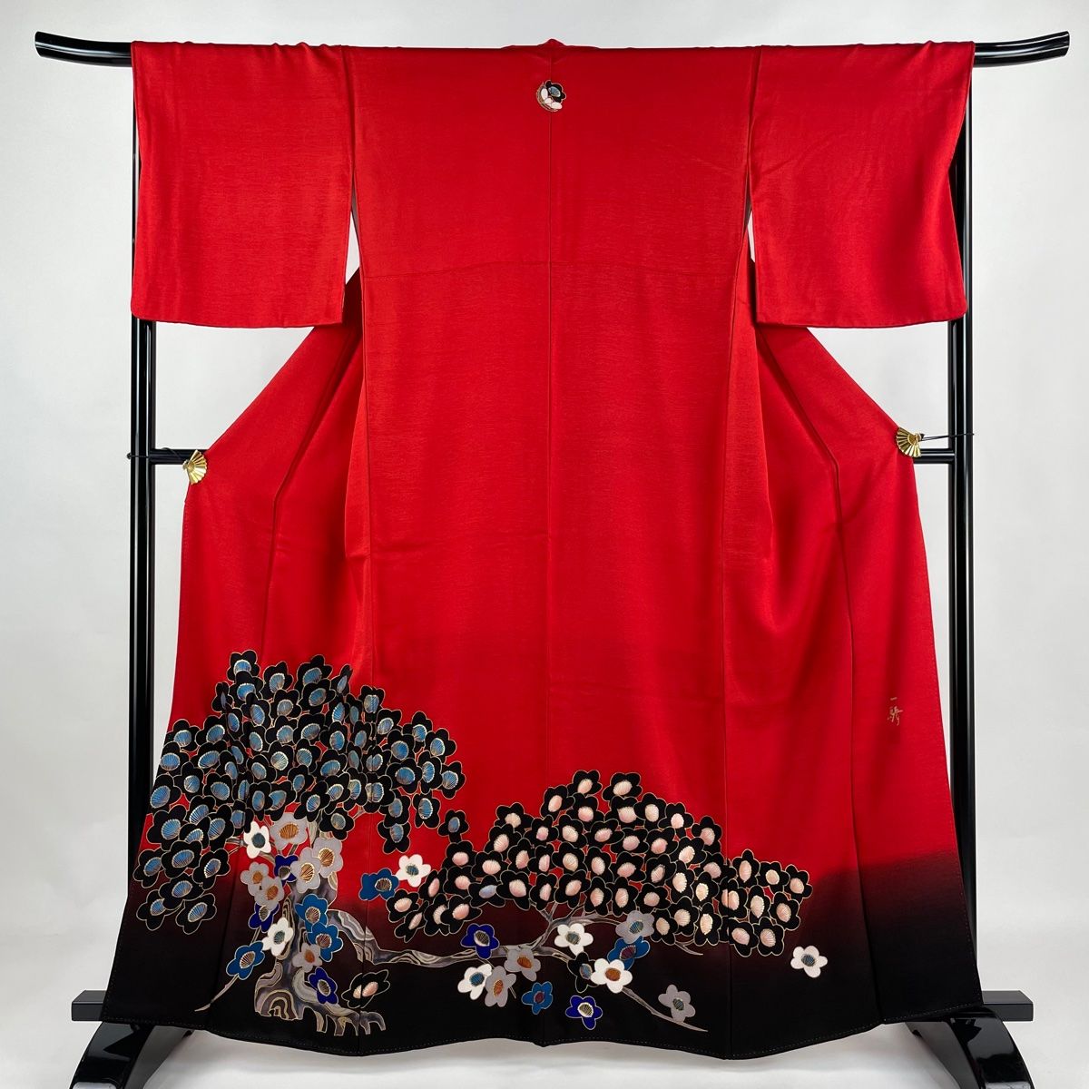 ❤ 色留袖 身丈161cm 裄丈67.5cm L 袷 草野一騎 落款 枝梅 金彩 赤 正絹 名品 一つ紋