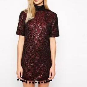 シスタージェーンメタリック ルビー ポンポン ミニドレス ジャガード生地 S